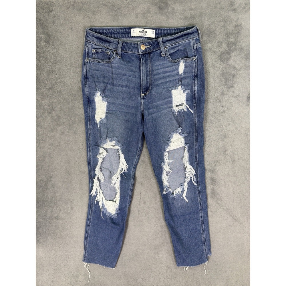 Hollister Jeans Womens 7R Blue Mom Medium Wash Distressed Denim Curvy‎ High Rise